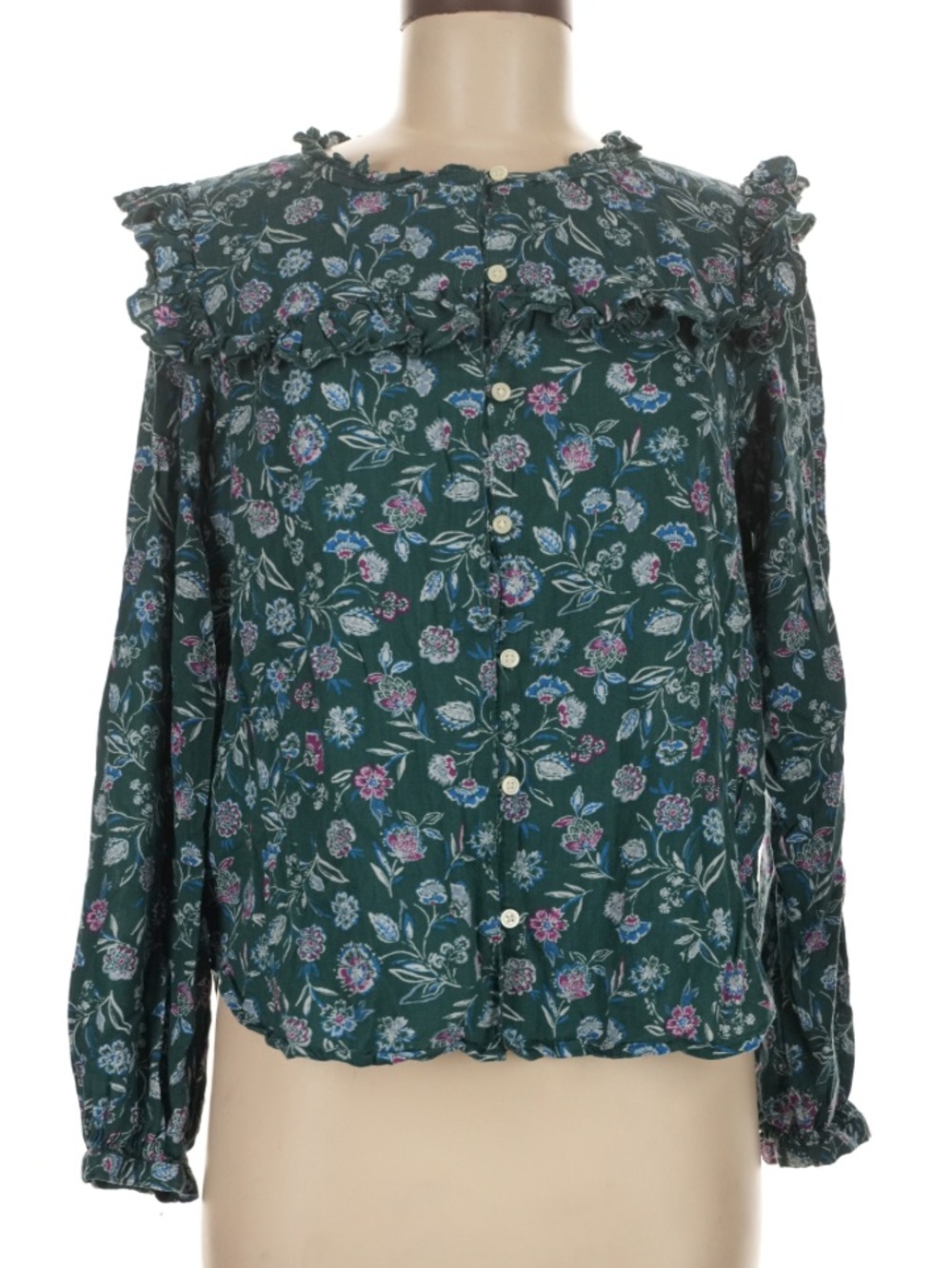 Gap Womens Blouse Ruffle Green Floral  Large Top Femini Button Up Cottagecore